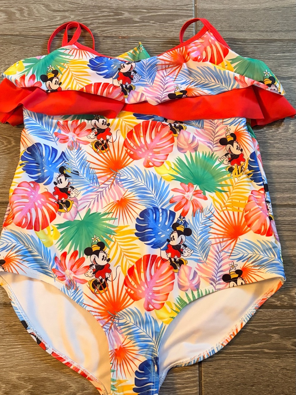 Disney One-Piece woman Swimsuit with Red Ruffle & Tropical Multicolor Print